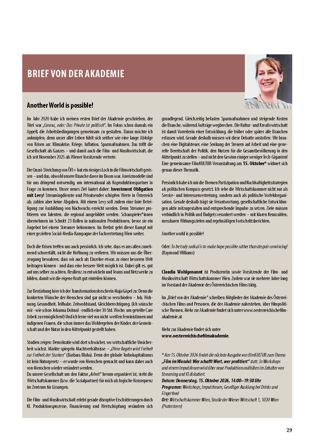 2610 Brief von der Akademie Ausgabe Oktober 2026 Claudia Wohlgenannt